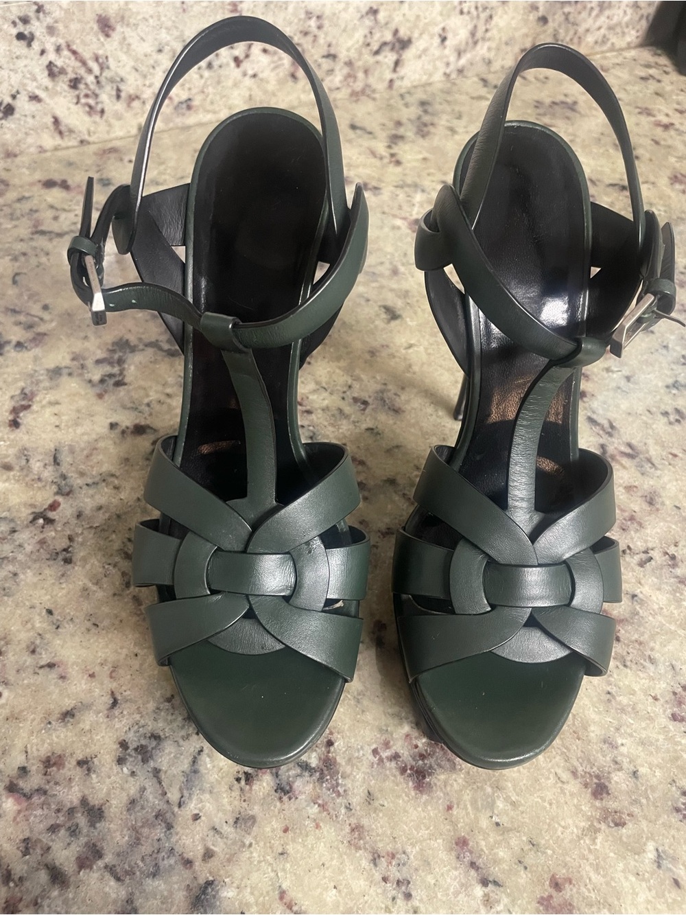 Saint Laurent Tribute Platform Sandals Heels Dark Green size 41 Smooth leather - Picture 5 of 15